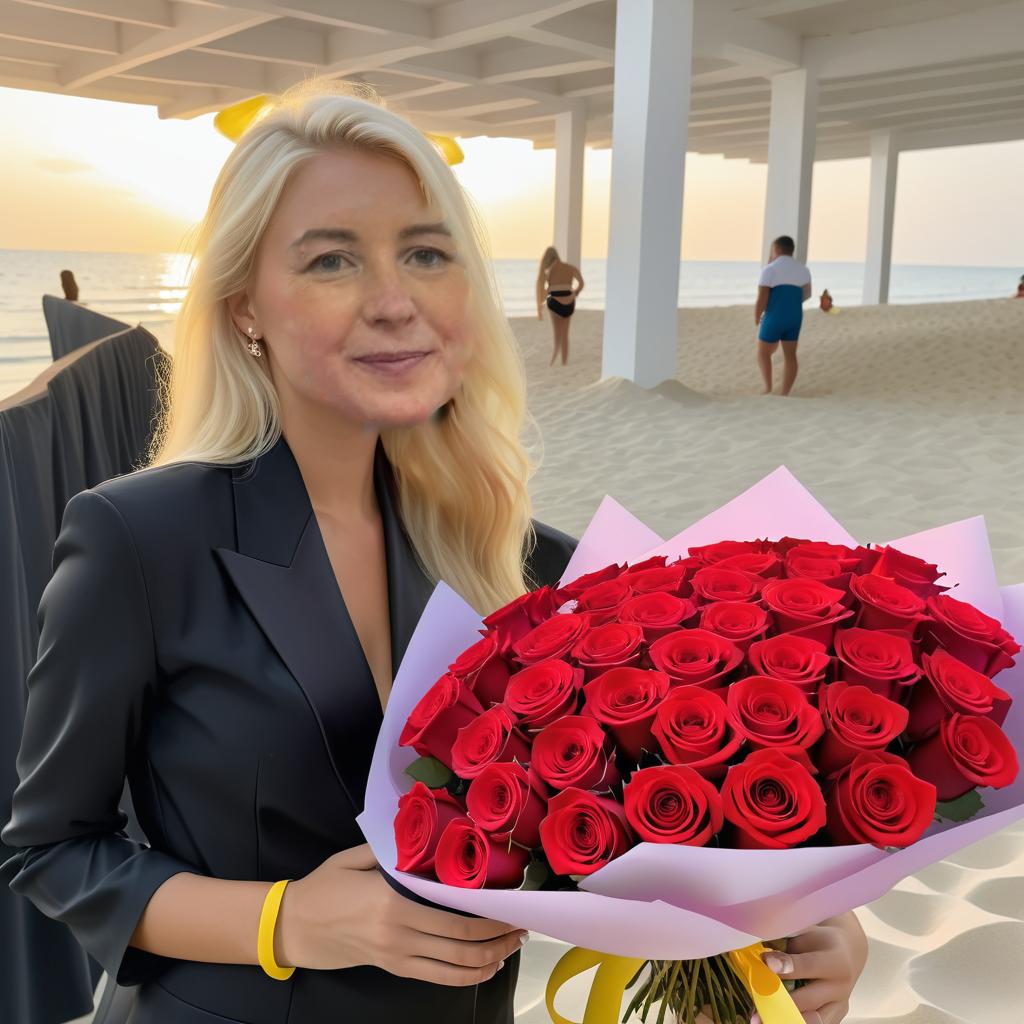  (in the background is the (sea:1.4) and white sea sand), blondy long hair, dressed in yellow (swimming suit), maximum detail, maximum quality, bouquet of roses in hands.