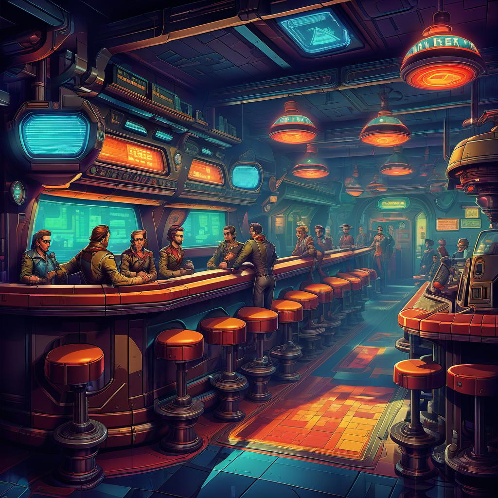  retro game art retro futuristic tavern, dieselpunk image . 16 bit, vibrant colors, pixelated, nostalgic, charming, fun