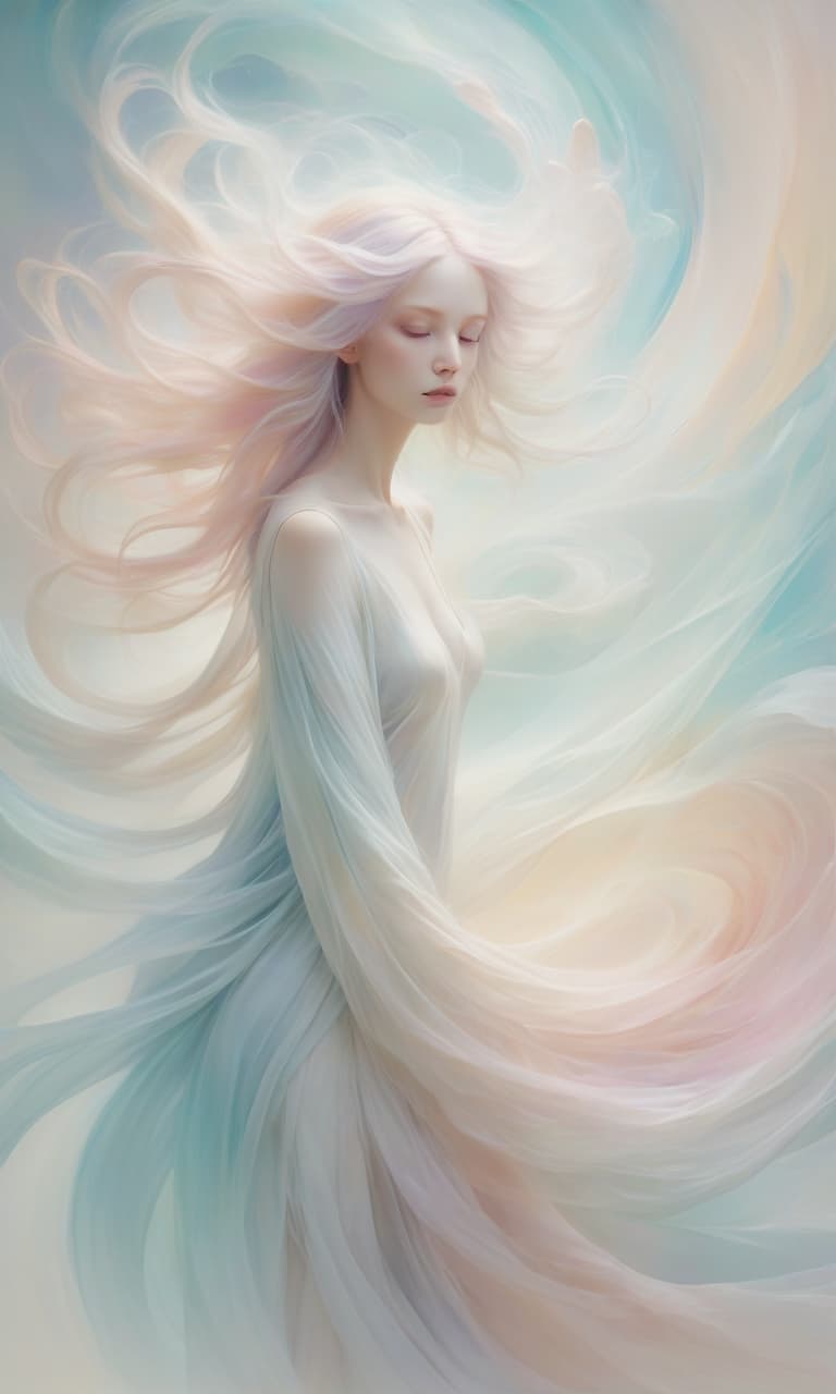  ethereal character, dissolving in the flow of time, airy colors, pastel tones