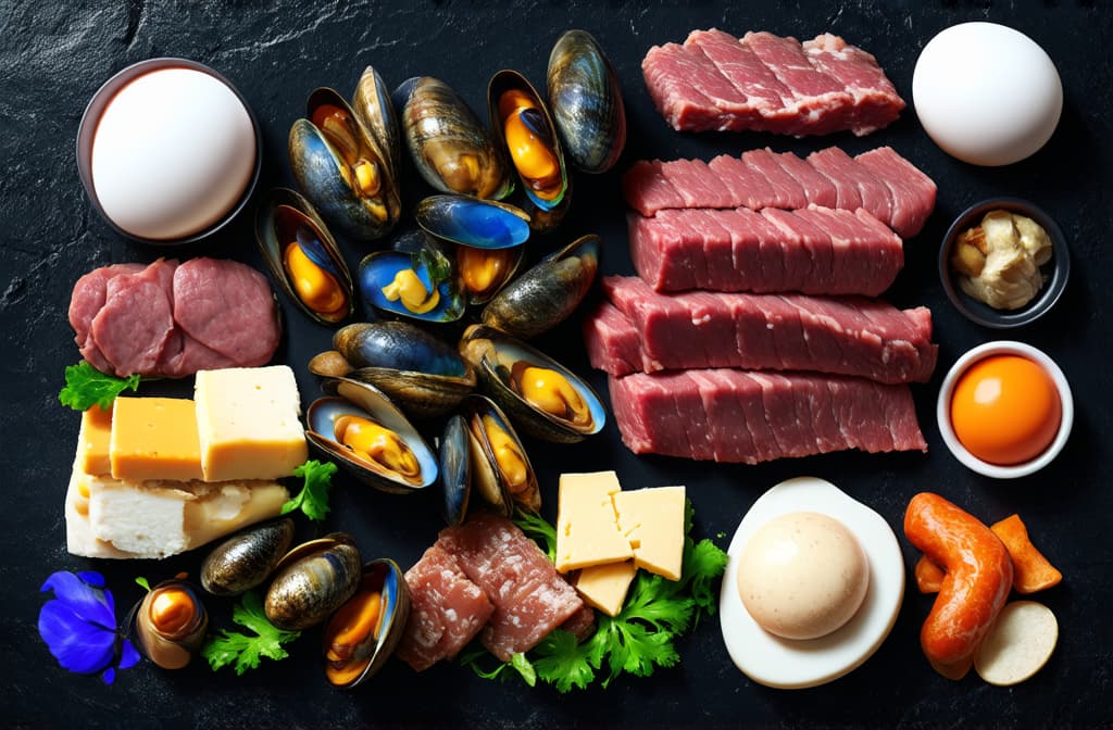  epic realistic, hyperdetailed, (cycles render:1.3), caustics, (glossy:0.58), (artstation:0.82),inscription b 12 made of beef liver, mussels, herring, meat, eggs, cheese, milk on a black stone background ar 3:2