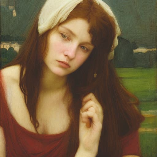 analog style Emotional, dramatic oil painting of a lovely Pre-Raphaelite Beata Beatrix distraught girl accused of witchcraft. It is from the side and she is looking upwards. The composition looks like Dante Gabriel Rossettti’s Beata Beatrix who looks like girl with a pearl earring. Beautiful, ornate, emotionally engaging oil painting with soft, lost edges painted by John William Waterhouse. Complex , ornate composition using the golden ratio.