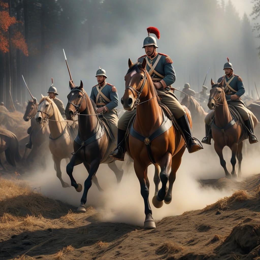  the reconstruction of the kulikov battle, where the stable goes against the infantry, the infantry loses and retrieves, and the horses are in danger, hyperrealistic, full body, detailed clothing, highly detailed, cinematic lighting, stunningly beautiful, intricate, sharp focus, f/1. 8, 85mm, (centered image composition), (professionally color graded), ((bright soft diffused light)), volumetric fog, trending on instagram, trending on tumblr, HDR 4K, 8K