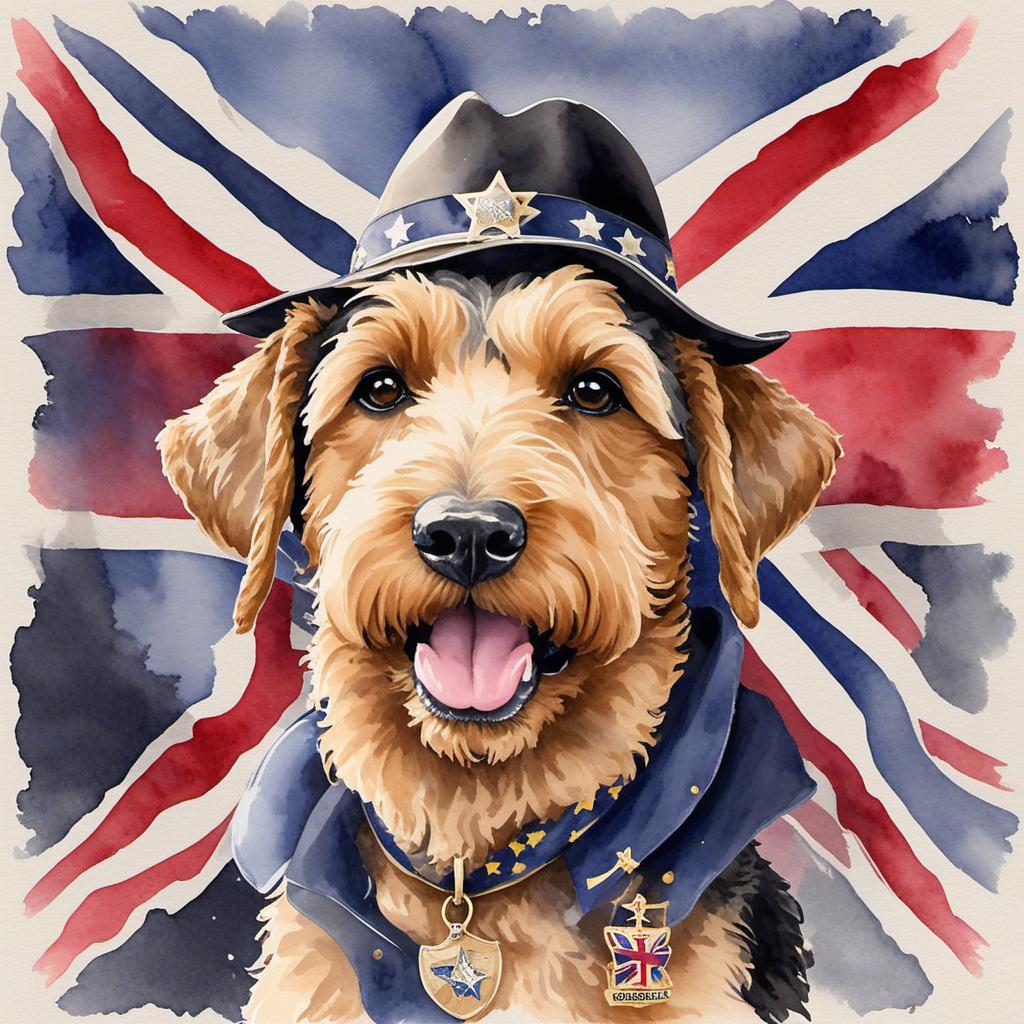  a fat female airedale terrier with a cowboy hat and sheriffs badge, holding a union jack in her mouth , watercolor style