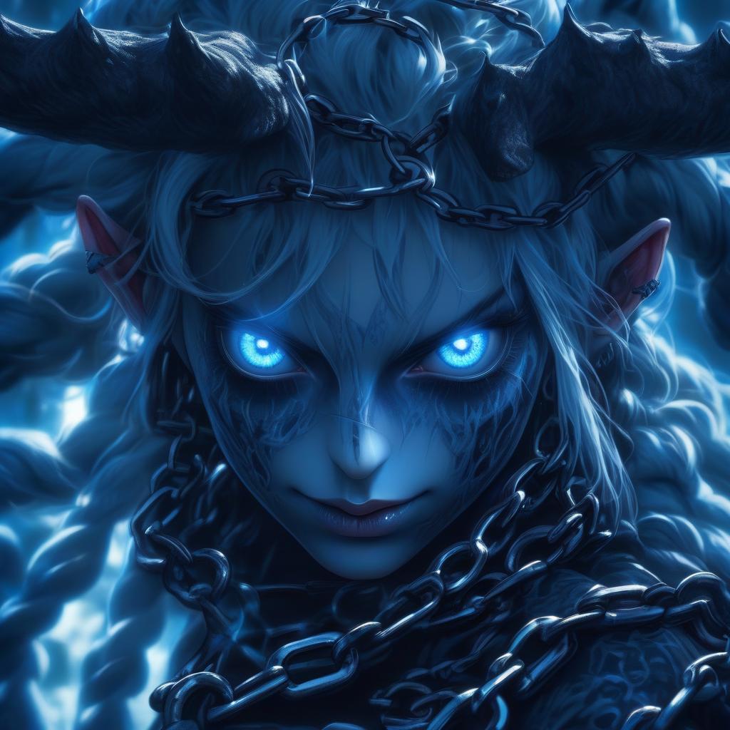  hyperrealistic art a with blue eyes and a chain around her neck, anime nature wallpap, demon white horns, spiritual eerie creepy picture, there is a glow coming from her, discord profile picture, benevolent android necromancer, f 2, dormant in , #, defence, pfp, beautiful blue glowing eyes . extremely high resolution details, photographic, realism pushed to extreme, fine texture, incredibly lifelike