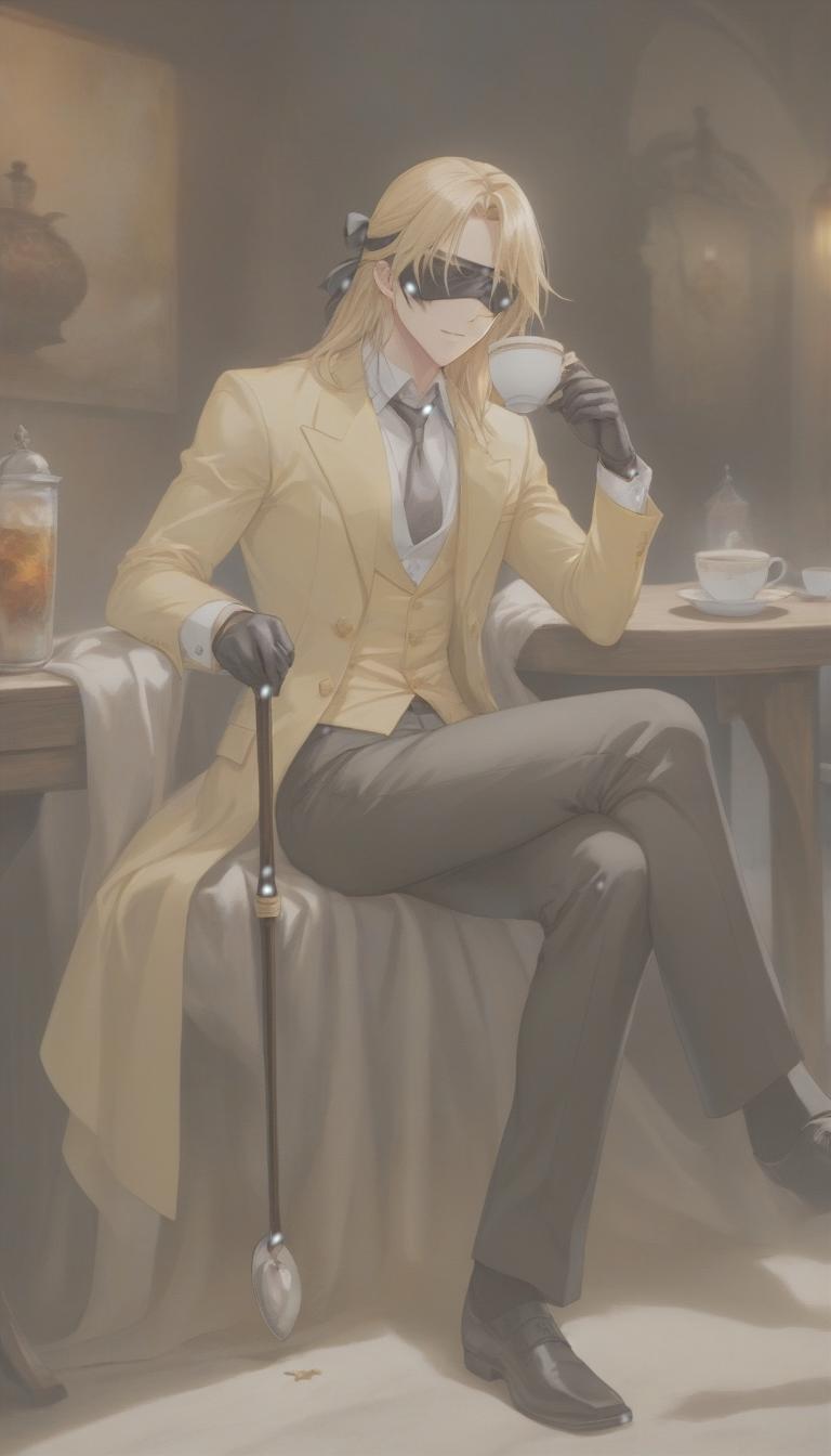  anime artwork a guy with long blond hair, blindfold, a guy with a cup of tea, a guy with a cane . anime style, key visual, vibrant, studio anime, highly detailed hyperrealistic, full body, detailed clothing, highly detailed, cinematic lighting, stunningly beautiful, intricate, sharp focus, f/1. 8, 85mm, (centered image composition), (professionally color graded), ((bright soft diffused light)), volumetric fog, trending on instagram, trending on tumblr, HDR 4K, 8K