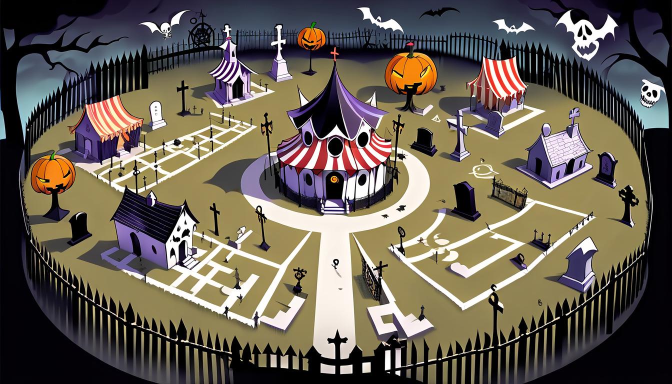  map of the area in the style of halloween anime soul eater on which there is a cemetery surrounded by a fence, a creepy house and a circus tent