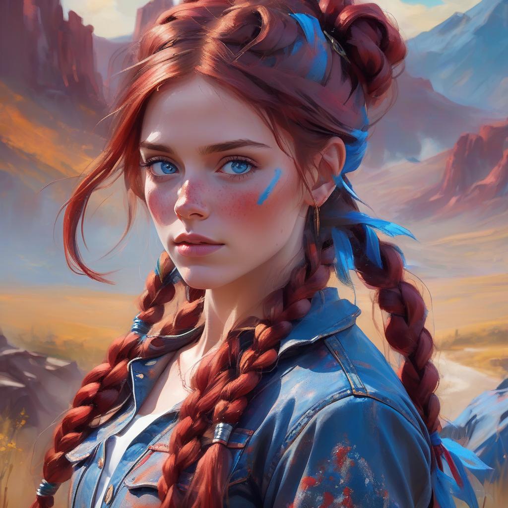  abstract expressionist painting hd 4k 3d professional modeling photo hyper realistic beautiful enchanting cowgirl woman dark red hair braids fair skin freckles blue eyes gorgeous face cowgirl outfit magical western country landscape hd background ethereal mystical mysterious beauty full body . energetic brushwork, bold colors, abstract forms, expressive, emotional