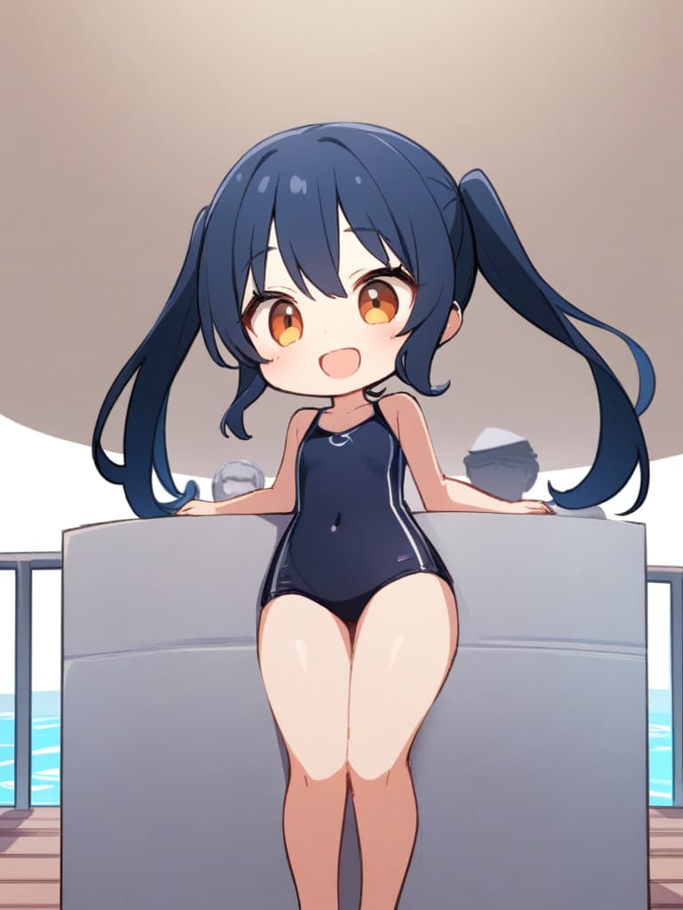  women's elementary students (male), twin tails, cute smiles, (rich s), short stature, dark blue swimwear, old swimwear, , simple, bulging, (upward), male , , clear sculpture, front, front, front. the whole body, pool side,