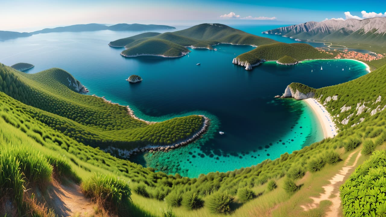  @ image prompt: a stunning panoramic view of the croatian coastline, showcasing crystal clear waters, rugged cliffs, and vibrant green islands, with a backdrop of the dinaric alps, capturing the essence of croatia's geographical diversity. hyperrealistic, full body, detailed clothing, highly detailed, cinematic lighting, stunningly beautiful, intricate, sharp focus, f/1. 8, 85mm, (centered image composition), (professionally color graded), ((bright soft diffused light)), volumetric fog, trending on instagram, trending on tumblr, HDR 4K, 8K