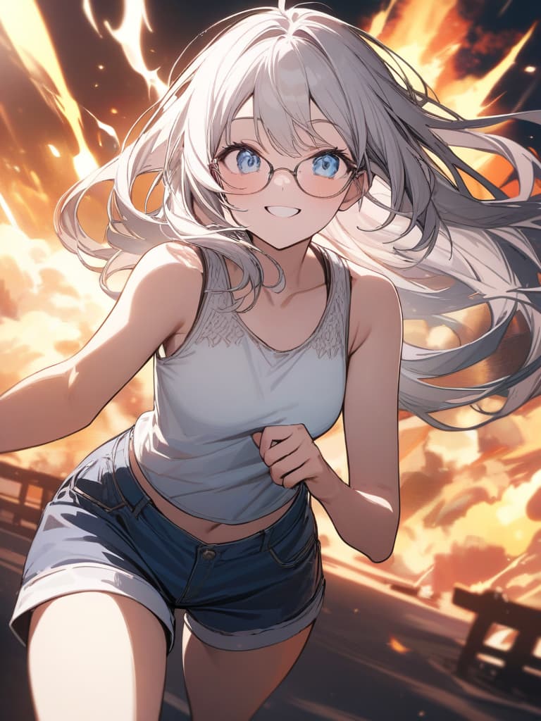  smile girls, blue eyes, long hair, white hair, girls wearing glasses, glasses girls, glasses girls, explosions, flames, happy smile, shorts, tank tops, run, masterpiece, best quality,8k,ultra detailed,high resolution,an extremely delicate and beautiful,hyper detail