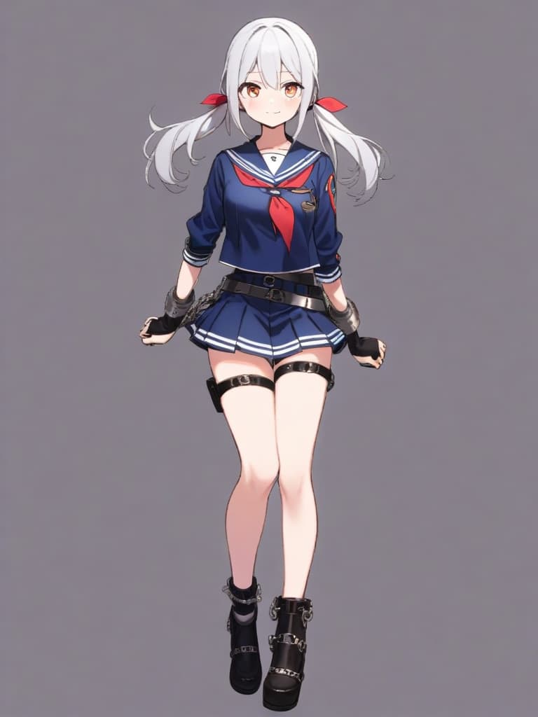  junior high s, sailor uniforms, twin tails, cute smiles, metal chasy belts (t type), chasy tools, chasy with key, female restraint, under the are chasy belt, whole body, clroom,