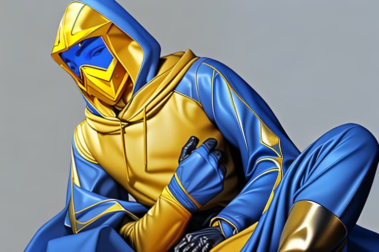  A man in a yellow scaled hood with blue scaled sleeves and pants with orange scaled gloves and boots, metallic claws, on a metallic glider and a metallic mask with red goggles