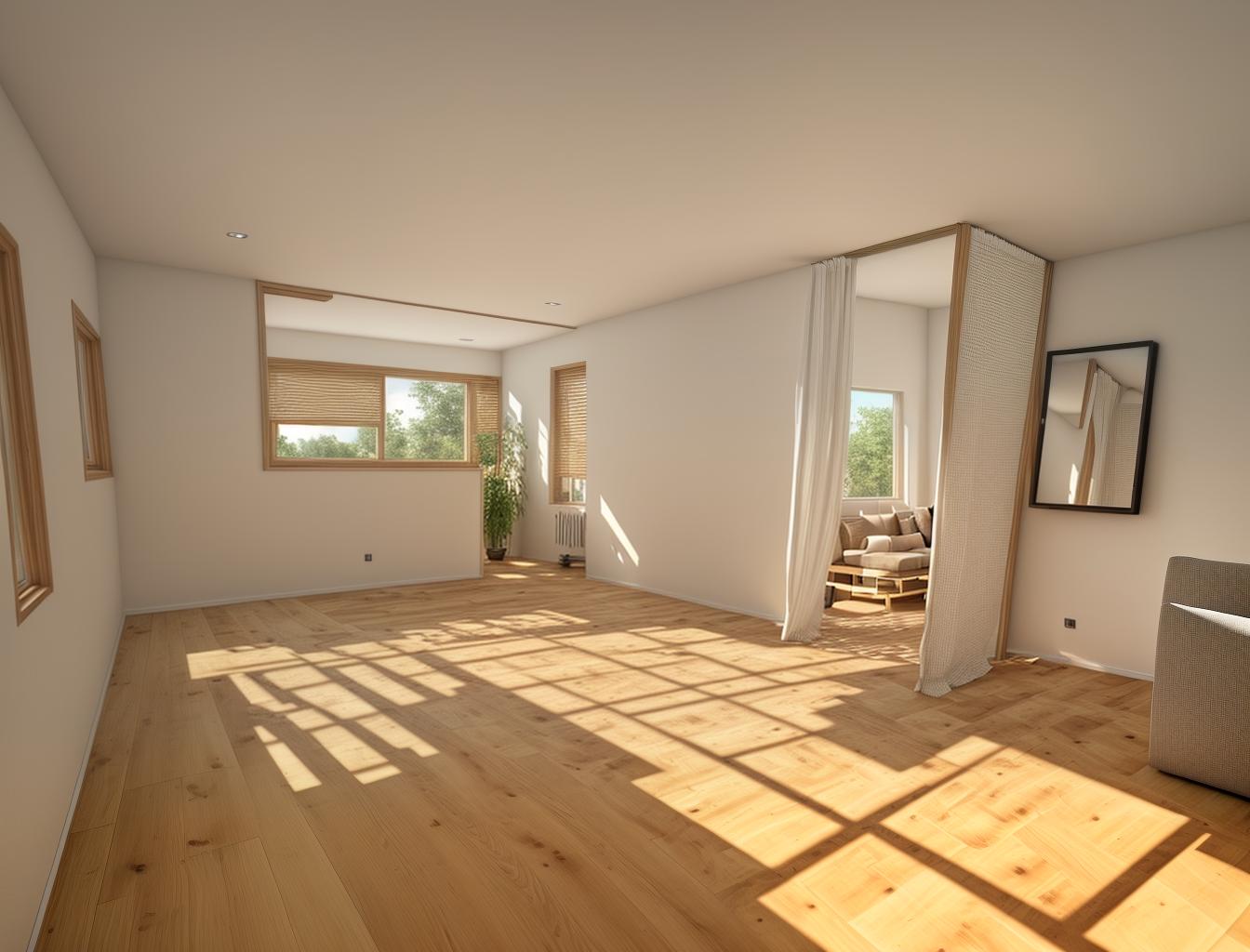  create a photorealistic rendering of a living room with a wooden floor, featuring a modern sofa placed near a large window. the room should feel cozy and inviting, with natural light streaming in from the window onto the warm wooden flooring.