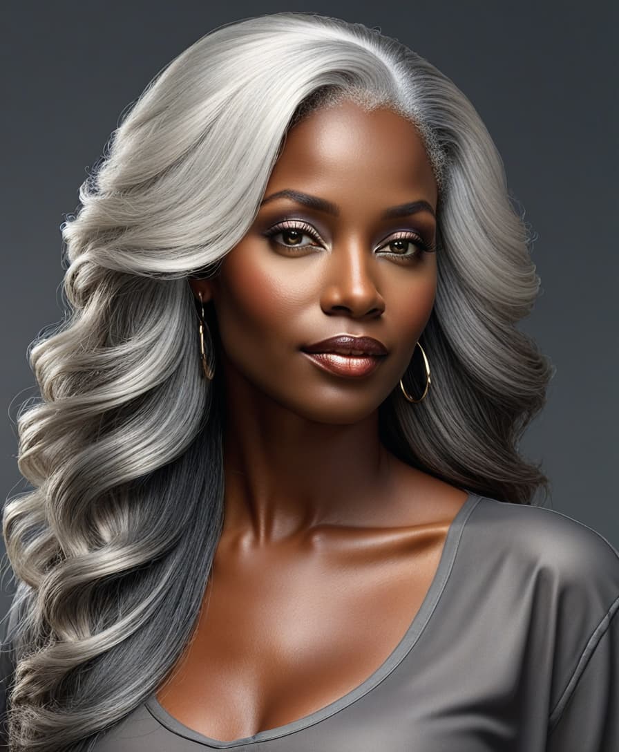  hyperrealistic art 2 old black as pitch african full length with a feminine appearance lies in a relaxed ful posture, straight long hair with gray hair, she has large s and voluminous , swollen s, exciting appearance computer processing . extremely high resolution details, photographic, realism pushed to extreme, fine texture, incredibly lifelike