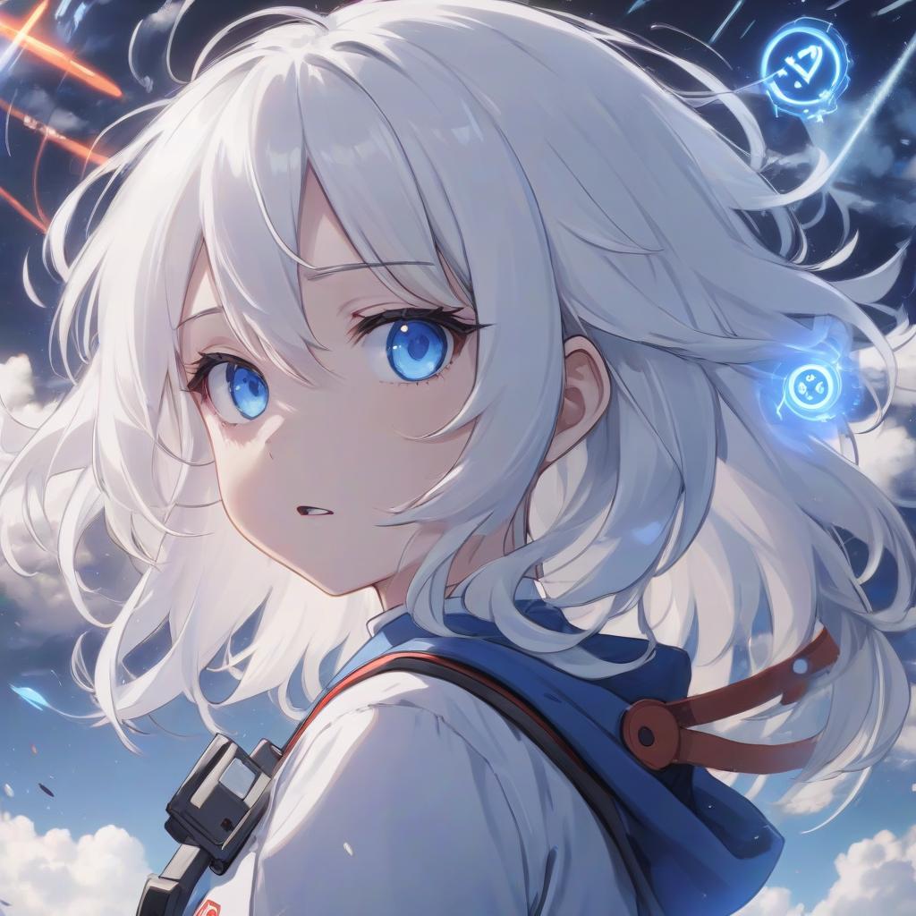  anime artwork a girl with white hair and blue eyes sees a system alert in the air above her with the inscription yes/no . anime style, key visual, vibrant, studio anime, highly detailed