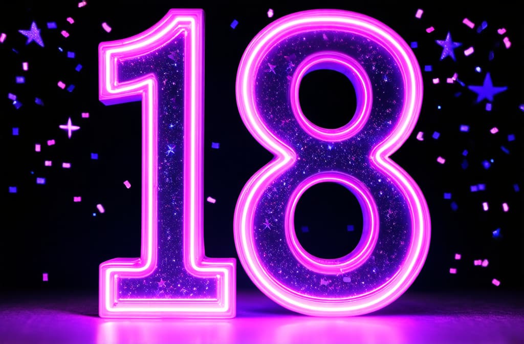  number 18 in neon purple lights with confetti and stars, festive celebration ar 3:2 {prompt}, maximum details