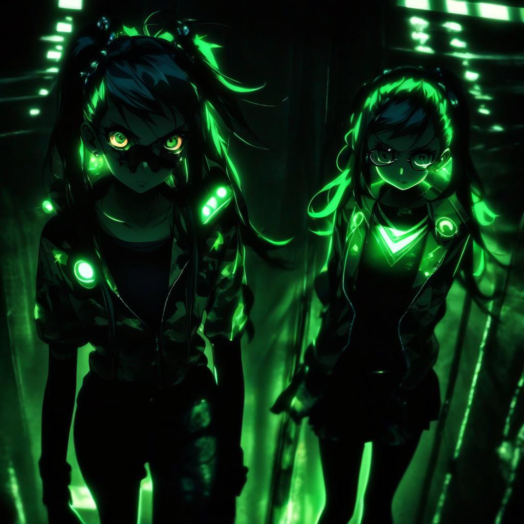  hdr photo of a couple of anime girls standing next to each other, very dark with green lights, with haunted eyes and glasses, darkart, beautiful gemini twins portrait, very dark environment, shadows of zombies, ((sharp focus)), identical picture, dark enclosed . high dynamic range, vivid, rich details, clear shadows and highlights, realistic, intense, enhanced contrast, highly detailed, hkmagic