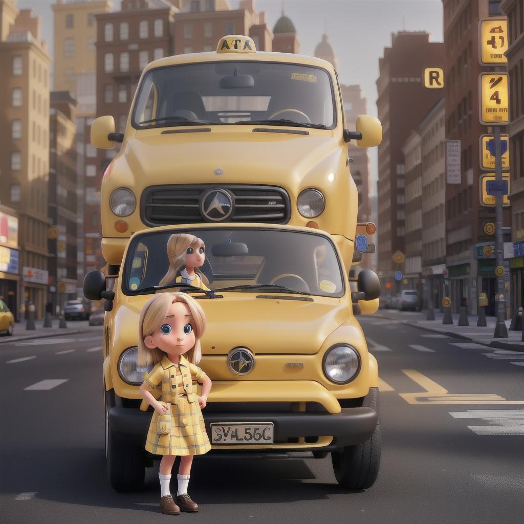  A Yellow taxi, with a little blond girl at the back hyperrealistic, full body, detailed clothing, highly detailed, cinematic lighting, stunningly beautiful, intricate, sharp focus, f/1. 8, 85mm, (centered image composition), (professionally color graded), ((bright soft diffused light)), volumetric fog, trending on instagram, trending on tumblr, HDR 4K, 8K