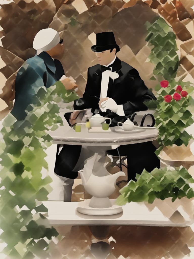  (tuxedo worn,male butler: 1.4),garden with roses in bloom,garden table,tea set,(male butler serving) (young lady drinking tea),