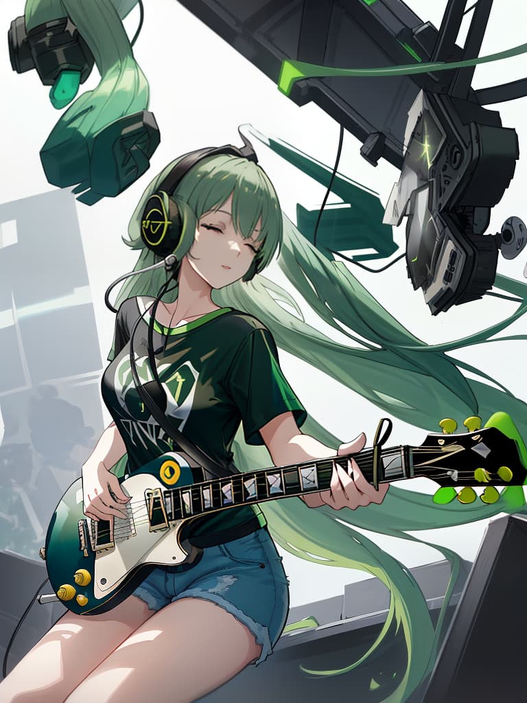  (white background:1.3),(extremely detailed fine touch:1.3),(hard light,studio light,light rays,dappled light,reflection,shadows,ray tracing:1.0),///,,(((green very long hair:1.3))),headphone,forehead,having a bird's eye view,anime style,super fine ilration,highly detailed,dynamic angle,beautiful detailed,8k,on stage break a woman,(((headphone:1.3))),on both ,strumming an electric guitar. she arches her back,closes her eyes and looks joyful. break a spotlight shines on her,(t shirt:1.3),(denim shorts:1.3),(black les paul custom:1.3)