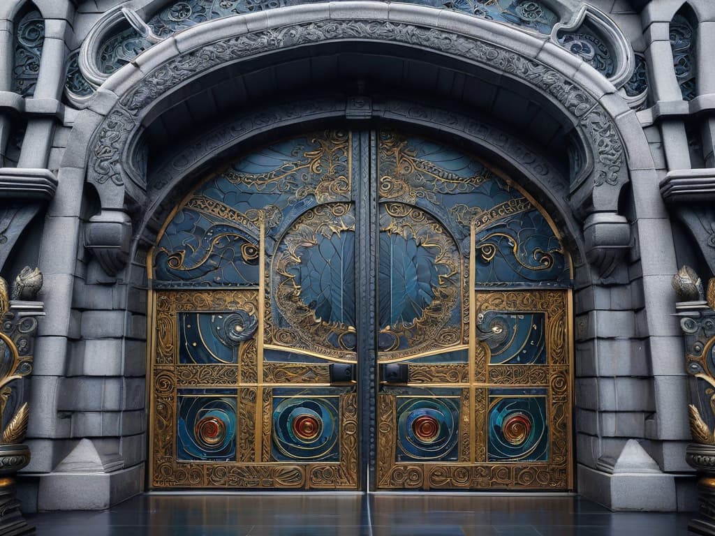  many big creatures with an eye as there body and wings surrounding them, dark cloudy sky, and a little fog, no trees, stairs leading to the creatures, and the creature are protecting something that are behind these big doors with cool patterns on them, award winning, professional, highly detailed, masterpiece