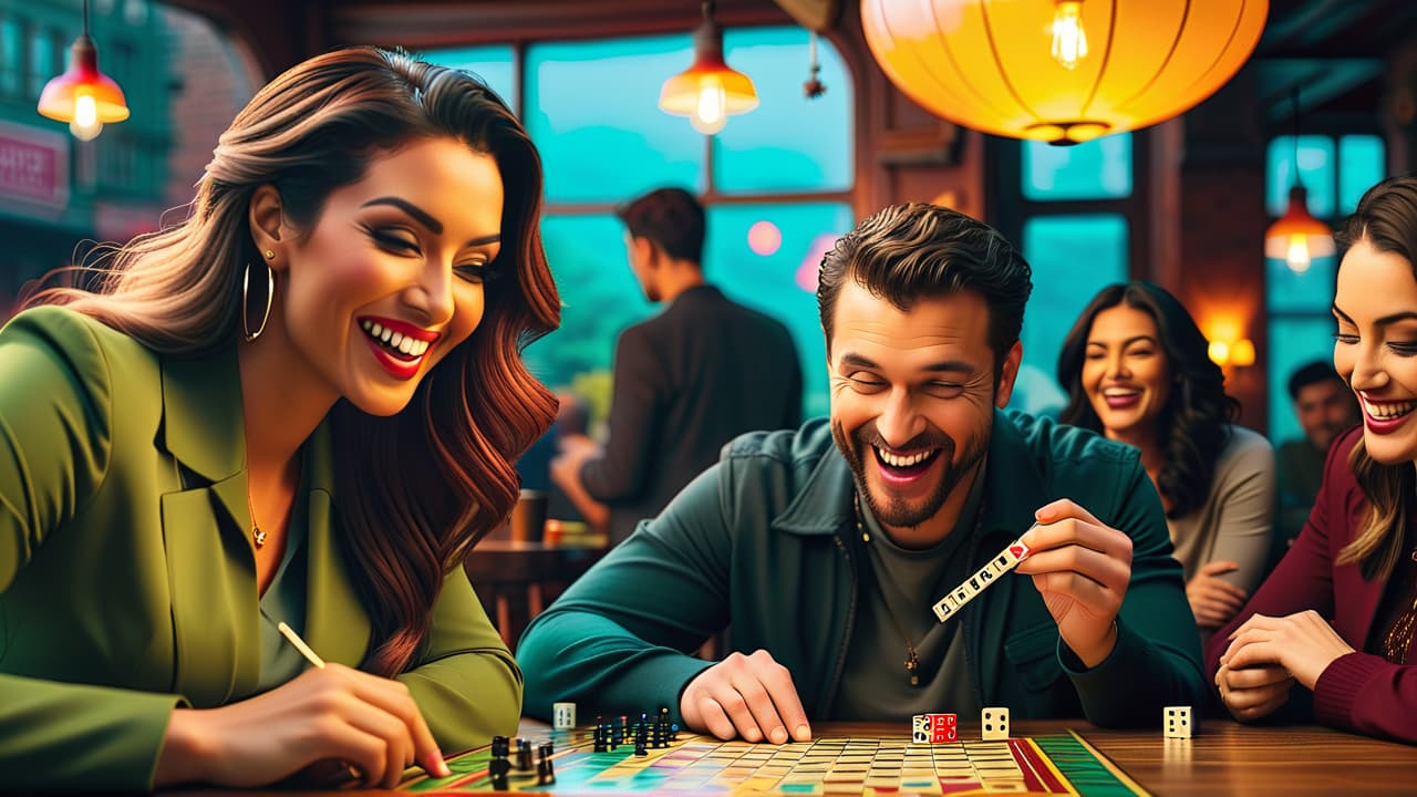  a cozy café scene with diverse individuals: a focused young woman solving a jigsaw puzzle, a middle aged man immersed in a crossword, and a group laughing over a board game, all surrounded by colorful puzzle pieces. hyperrealistic, full body, detailed clothing, highly detailed, cinematic lighting, stunningly beautiful, intricate, sharp focus, f/1. 8, 85mm, (centered image composition), (professionally color graded), ((bright soft diffused light)), volumetric fog, trending on instagram, trending on tumblr, HDR 4K, 8K