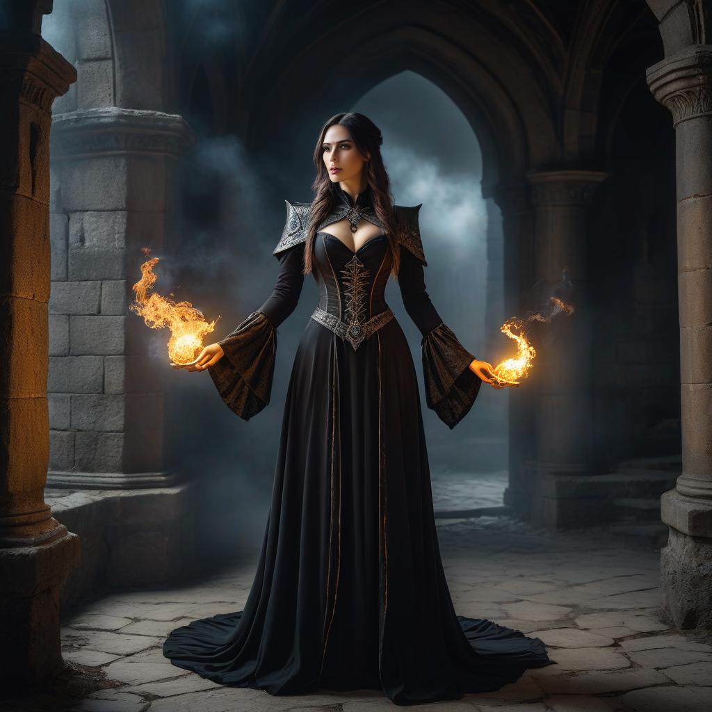  macabre style young woman, wizard, full height, in the castle, visualizing the magic of fire and lightning, dark fantasy . dark, gothic, grim, haunting, highly detailed, hkmagic hyperrealistic, full body, detailed clothing, highly detailed, cinematic lighting, stunningly beautiful, intricate, sharp focus, f/1. 8, 85mm, (centered image composition), (professionally color graded), ((bright soft diffused light)), volumetric fog, trending on instagram, trending on tumblr, HDR 4K, 8K