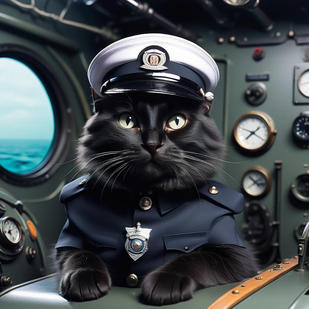  furry black cat officer, in a white cap, in a submarine