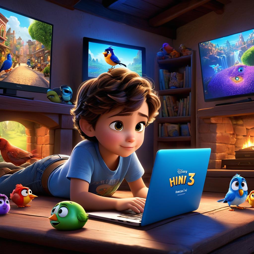  in 3d animated movie style. disney pixar style. hunain, 6, in casual attire, deeply focused on laptop game, characters coming to life on screen. high resolution pixar 3d animated film style, vivid colors and intricate details, bright and soft lights creating a warm, magical atmosphere. engaging bird's eye view to capture immersion in gaming world.