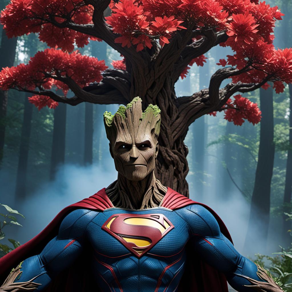  A combination of Groot and Superman. Imagine Groot wearing Superman's iconic red and blue suit with a cape, showing his wooden texture and tree-like features but with the strong and heroic pose of Superman, maybe flying or standing with his fists on his hips. hyperrealistic, full body, detailed clothing, highly detailed, cinematic lighting, stunningly beautiful, intricate, sharp focus, f/1. 8, 85mm, (centered image composition), (professionally color graded), ((bright soft diffused light)), volumetric fog, trending on instagram, trending on tumblr, HDR 4K, 8K