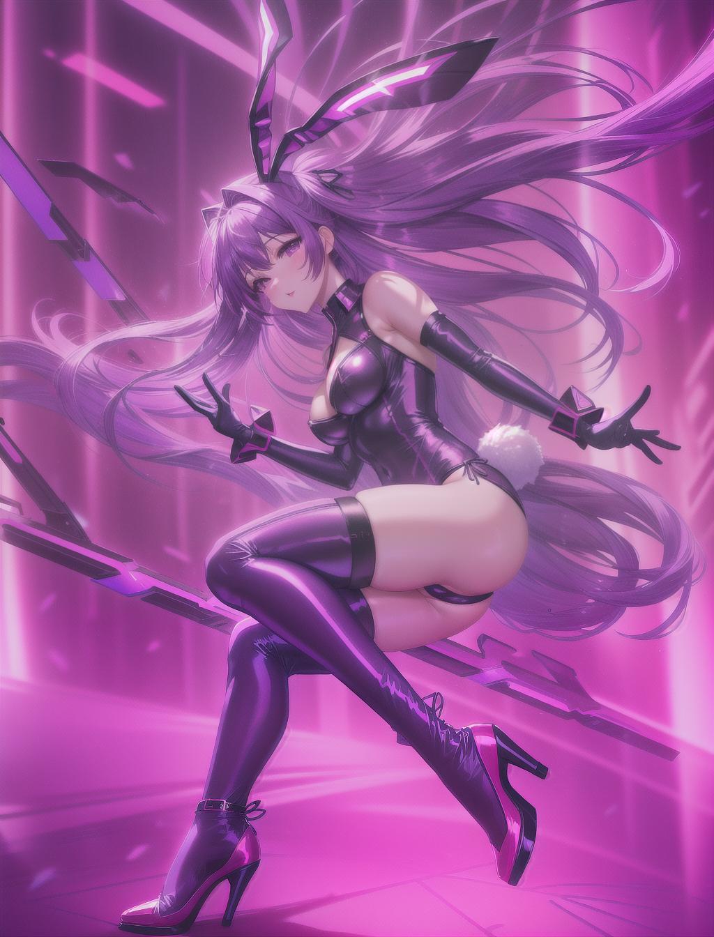  masterpiece, best quality, solo, long purple hair, neon purple eyes, thigh highs, heels, bunny female suit, red neon light background, colorful, seductive pose