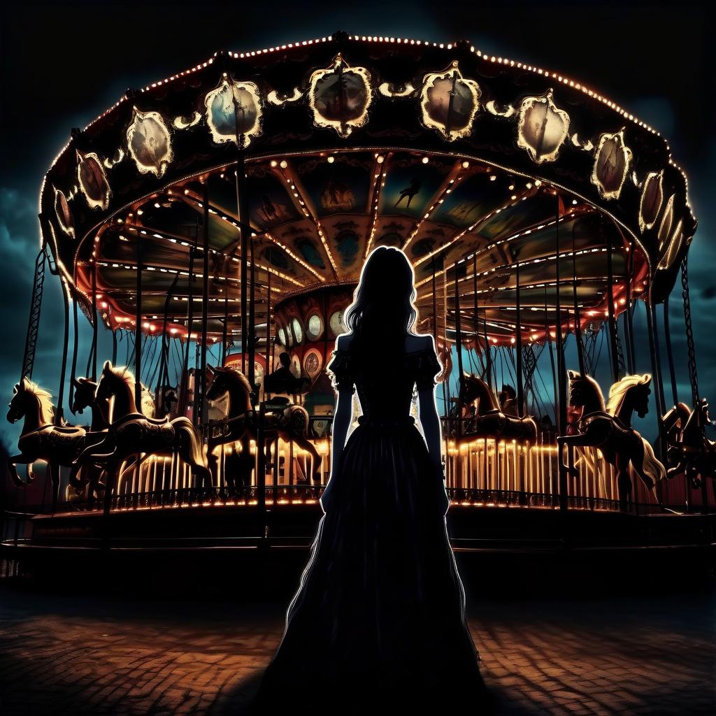  gothic style a full length girl stands with her back, does not look at the camera, and looks at a huge bright carousel at night . dark, mysterious, haunting, dramatic, ornate, detailed