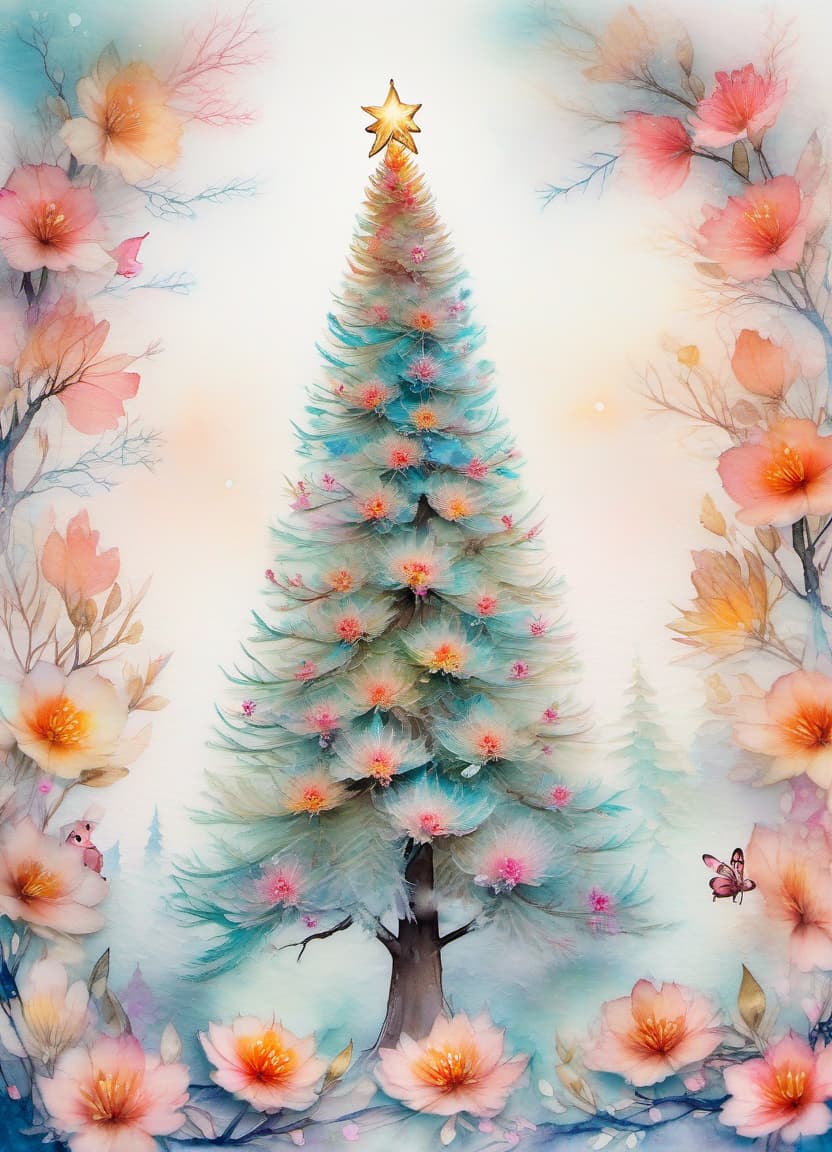  fairy tale christmas trees with cones, mouse in a kimono, (double exposure: 1.4). (soft textured paper). alcohol ink of (bright) flowers. the incompleteness effect. tenderness of watercolors, winter, delicate colors. thin white lines. emotion. light relief pattern. . magical, fantastical, enchanting, storybook style, highly detailed