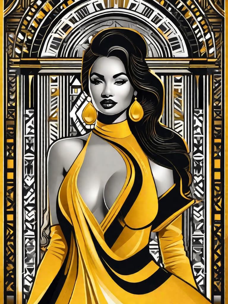  Golden yellow and sleek black color palette, captivating and inviting expression, exuding elegance and charm, magnetic beauty, intricate details, high contrast, luxurious feel, digital art, female, glossy finish, striking composition, dynamic lighting to enhance features.