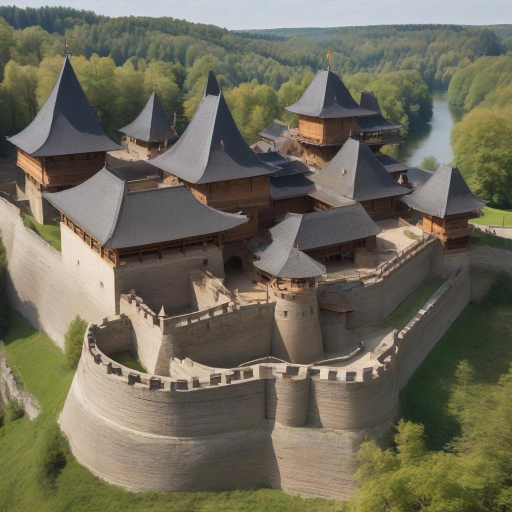  a small wooden fortress, a crowned log fortress wall, towers at the corners with four sided insular roofs, terraces on the wall under a gable roof, a gate tower, a moat, a wall on the rampart.