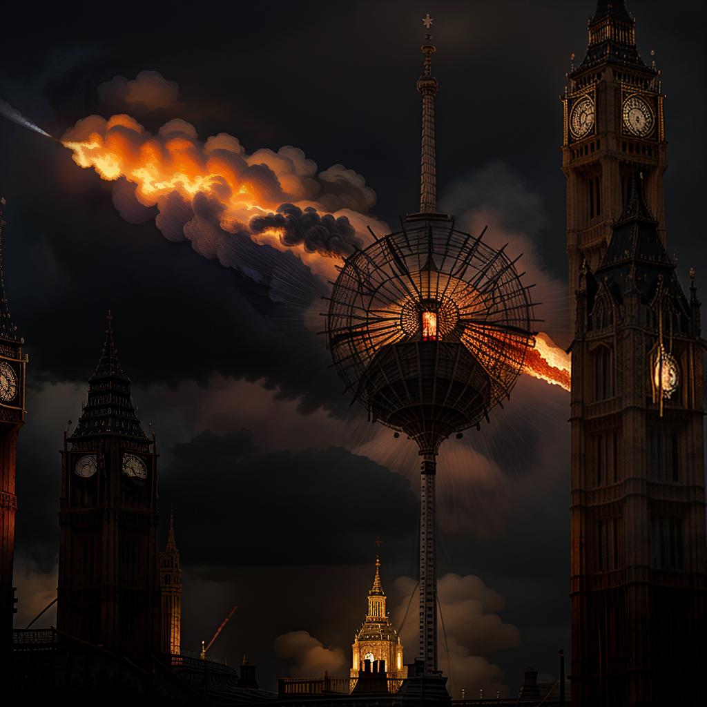  Union jack flying next to Big Ben all on fire, bloodstainai, horror, fear