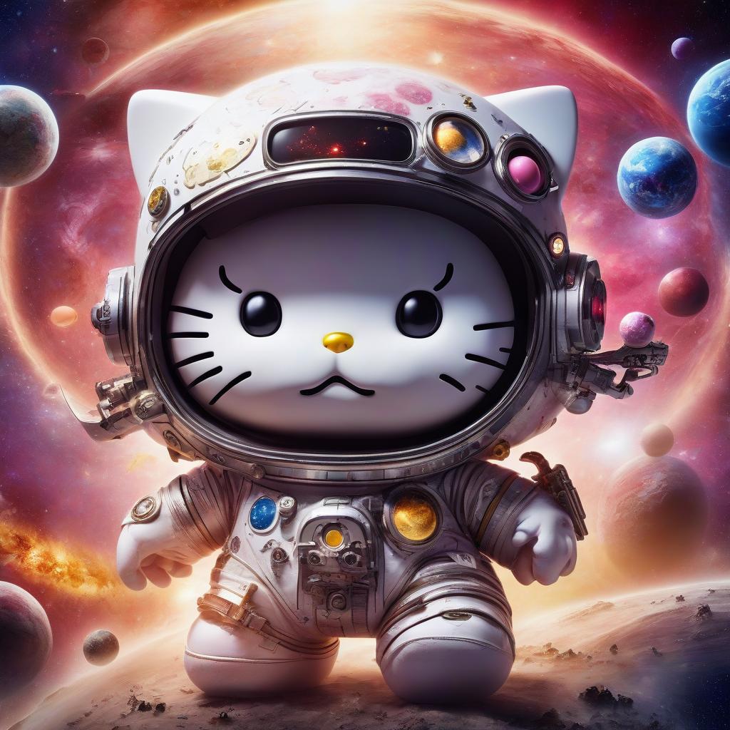  space themed the character of hello kitty is very angry. . cosmic, celestial, stars, galaxies, nebulas, planets, science fiction, highly detailed