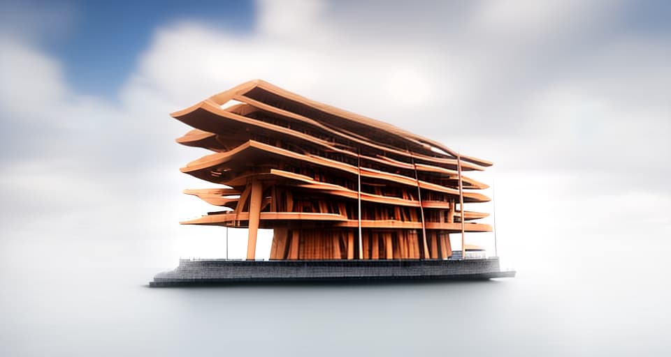 mdjrny-v4 style architecture, high quality, exterior perspective, 10 story mixed wood and steel office building, building is floating at sea, frank o'gehry, rain, night