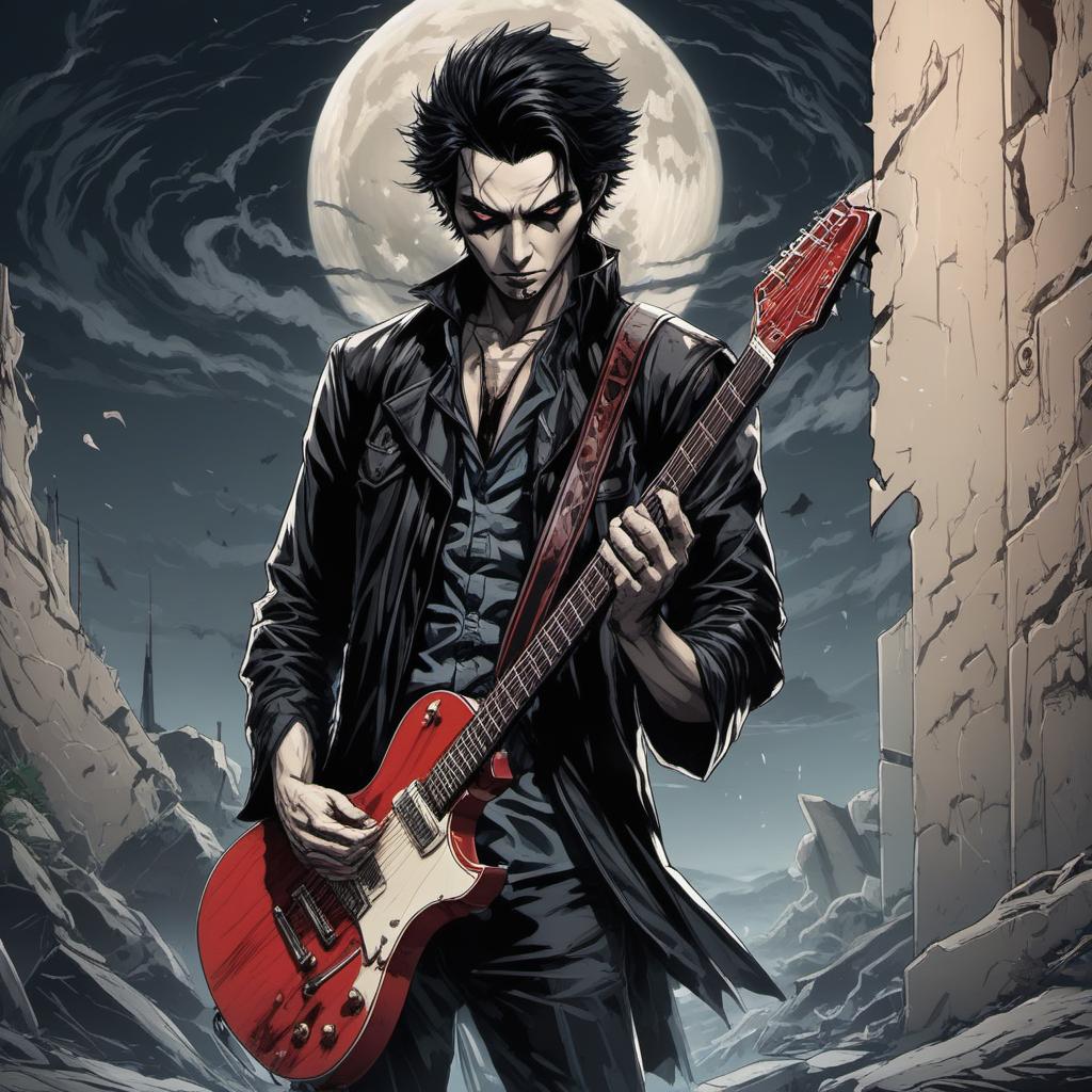  un vampire guitare hero dans un hôpital abandonné , comic style, manga and manhwa style, painting style