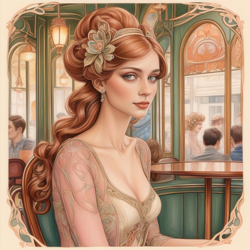  a decorative woman awaits her suitor in an art nouveau cafe setting.. colored pencil draw: art nouveau female portrait..