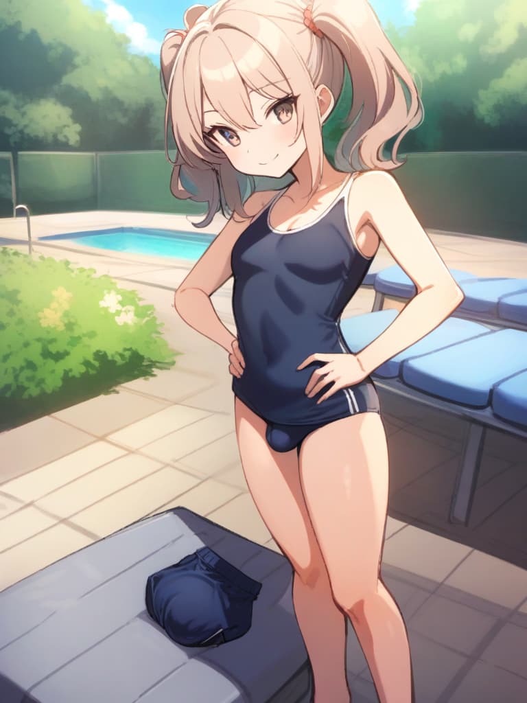  women's elementary students (male), twin tails, cute smiles, rich s, low stature, dark blue swimwear, old swimwear, , simple, , (bulge), male (bulging), front, whole body, pool side,