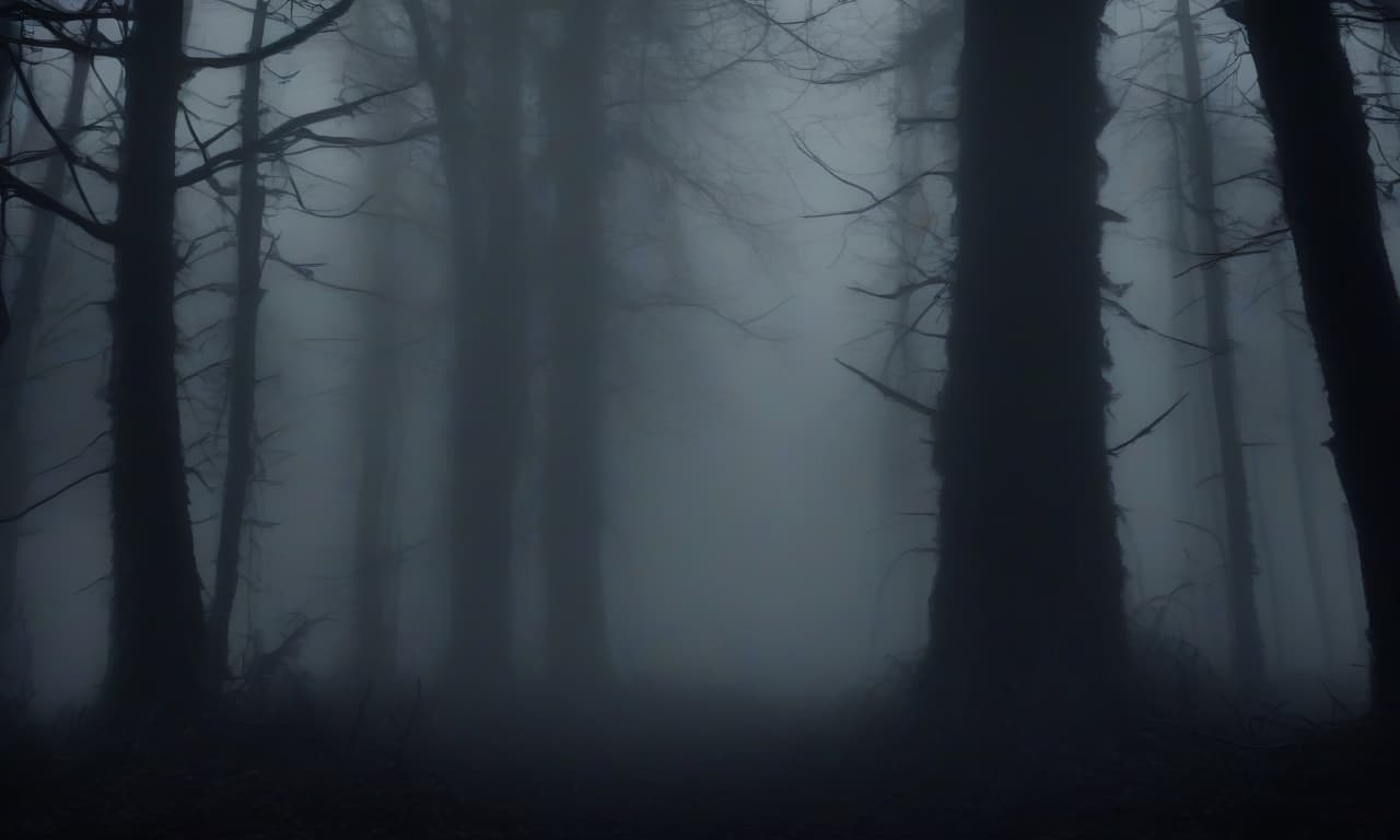  horror themed a forest with thick fog . eerie, unsettling, dark, spooky, suspenseful, grim, highly detailed