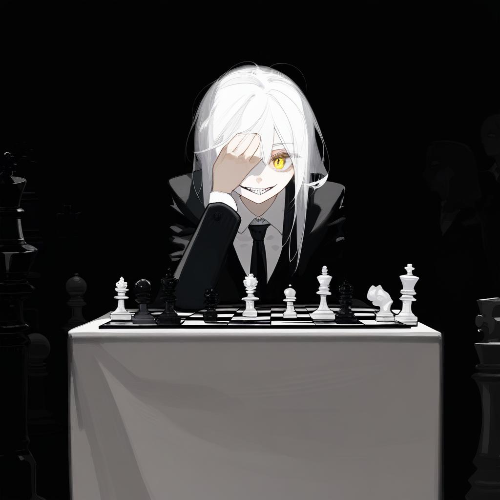  white hair anime woman with shadows concealing face, sitting in front of a table with a chess set on it,an evil empty white teeth smile on her face and only small hint of a singular yellow eye is visible, leaning on one hand with arrogance, black suit, black tie . best quality, high resolution