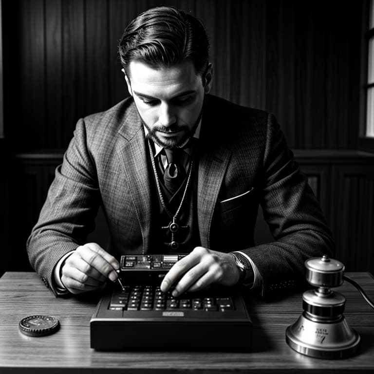  a man transfering bitcoin in the 1920s using morse code and a mechanical calendar. black and white picture. , hq, hightly detailed, 4k