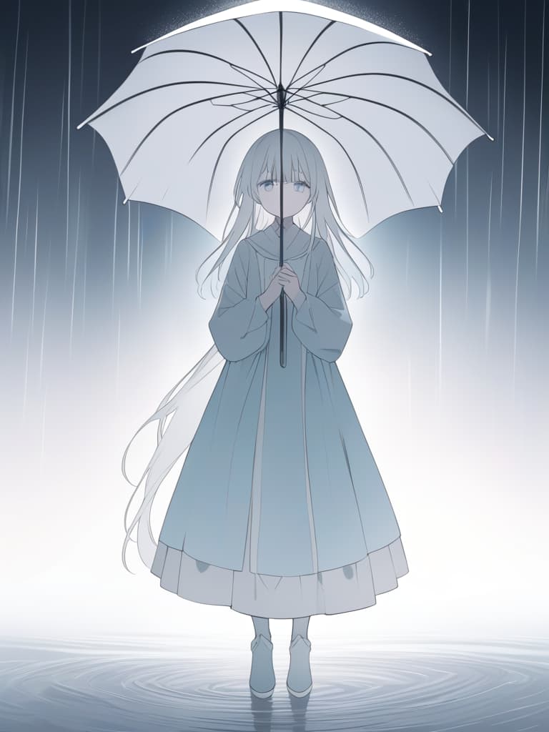  an ethereal with long,silky white hair and pale skin,standing under a translucent umbrella as soft rain falls around her. she gazes quietly with sad,reflective eyes,her delicate features framed by the strands of hair that stick slightly to her face.she wears a pastel colored outfit that complements the soft,muted color palette of the scene. the rain droplets on the umbrella catch the faint light,adding a gentle glow to the image. the background is a soft,blurred wash of cool blues and greys,creating a serene and calming atmosphere. the looks almost angelic,with a quiet melancholy in her expression as she stands alone in the rain. the overall image is highly detailed and rendered in ultra high resolution,capturing every drop of