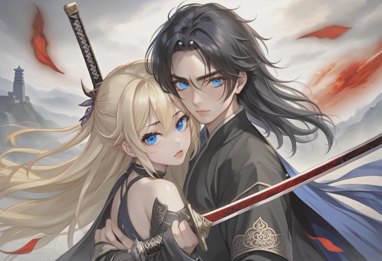  breathtaking realistic photo, two people, a character from the novel “system save yourself for the main hero”, lo binghe, a young man in black with an unassuming long sword behind his back. long black hair to the waist, red eyes, demonic mark on the forehead, next to him a girl is blonde, blonde hair to the shoulder blades, european face type, light skin, blue eyes, plump lips, small tummy at the bottom at the waist hug . award winning, professional, highly detailed, hkmagic