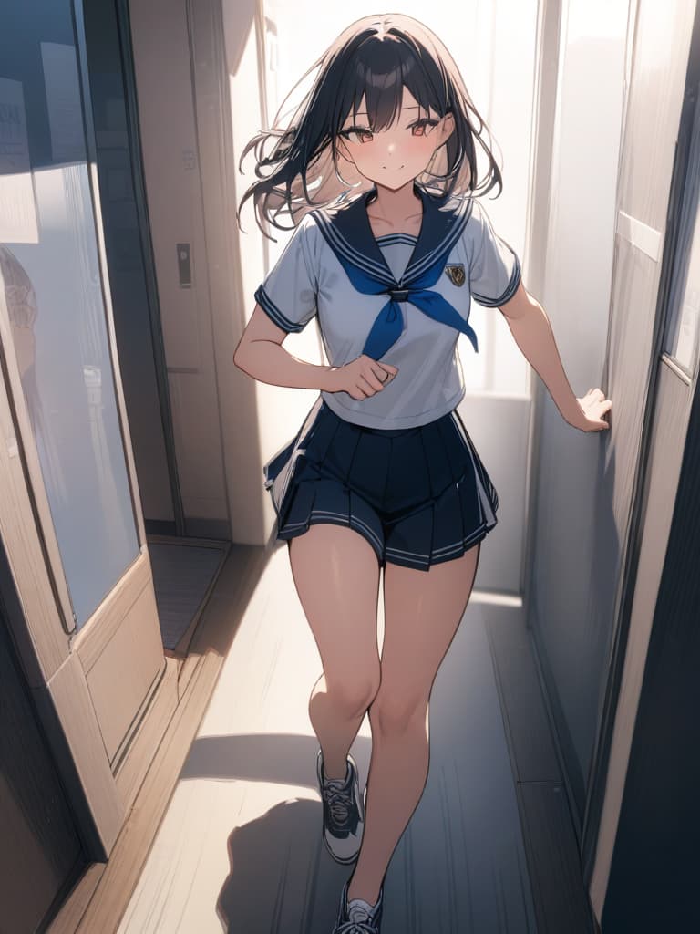  girls, high school girls, high school students, running, smiles, full smiles, running in the corridor, sailor suit, narrow eyes, masterpiece, best quality,8k,ultra detailed,high resolution,an extremely delicate and beautiful,hyper detail