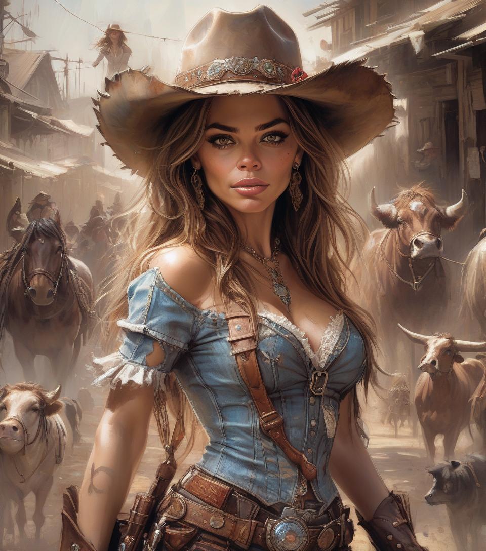  concept art cowgirl sofia vergara, beautiful eyes, epic, fantasy, intricate details, hyper detailed, jean baptiste monge, carne griffiths, michael garmash, seb mckinnon, masterpiec . digital artwork, illustrative, painterly, matte painting, highly detailed