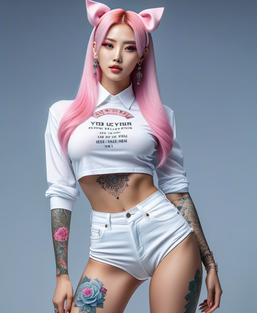  typographic art informal korean young , full body, show a with legs, standing , white skin, perfect skin, распущенные волосы,long white hair, pink hair, delicate face, full body, slender legs, high heeled ylons, leg tattoos, round heads, cat ears on her head, build, delicate facial features, tattoo on her face, a lot of piercings on her face, , , gloss , tattoos on her arms, tattoos on her , piercing, informal style, extreme detailing, 8k, realistic, hyperrealisme, masterpiece, digital photo, . stylized, intricate, detailed, artistic, text based, perfecteyes hyperrealistic, full body, detailed clothing, highly detailed, cinematic lighting, stunningly beautiful, intricate, sharp focus, f/1. 8, 85mm, (centered image composition), (professionally color graded), ((bright soft diffused light)), volumetric fog, trending on instagram, trending on tumblr, HDR 4K, 8K