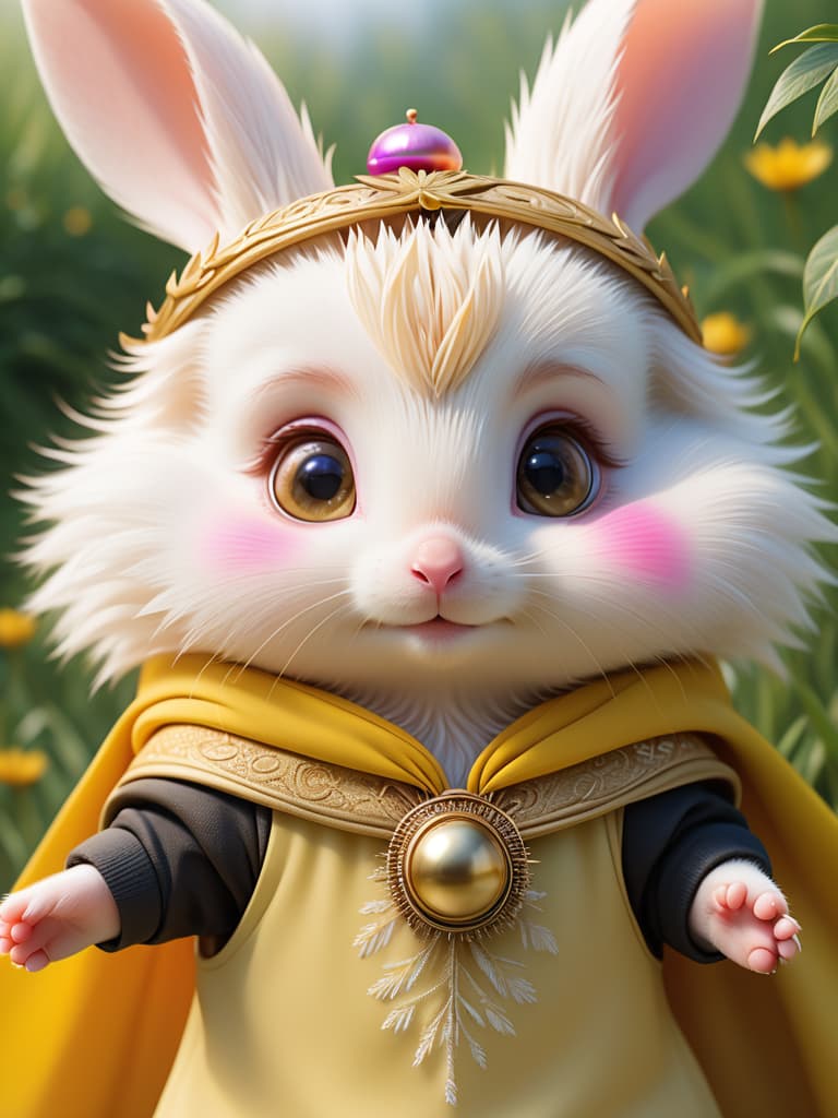  the hedgehogs were hanging in the ears of the rabbits, and the wind was whistling around them, a small, , white rabbit with bright eyes and pink noses. it was wearing a bright yellow cape, a small, round hedgehog, with a palm on its back, and a few timid eyes。 photo realistic, highly intricate and detailed, masterpiece, ultra high res,photography,8k resolution